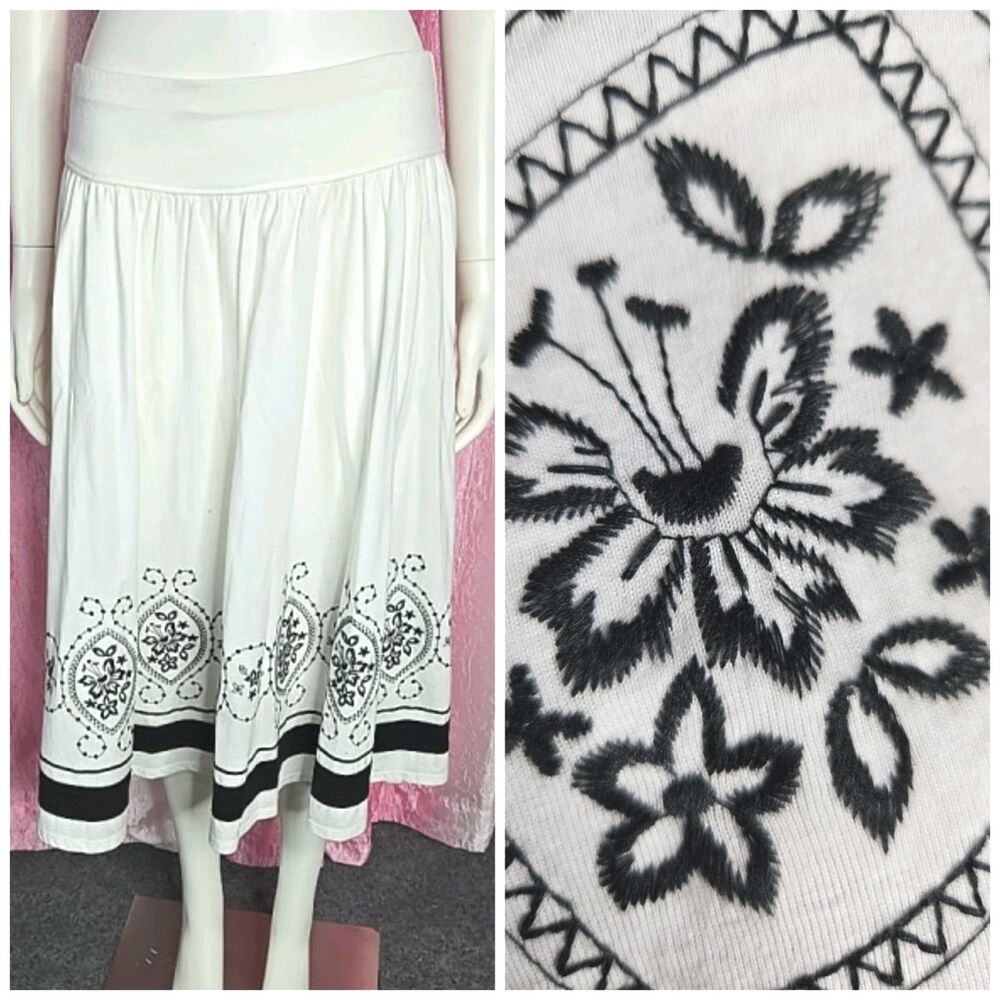 Talbots White Soft Cotton Floral Embroidered Midi Skirt Size Small